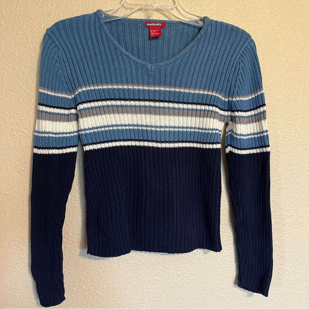 Outlooks Women’s M Vintage Blue & White Striped Ribbed V-Neck Sweater